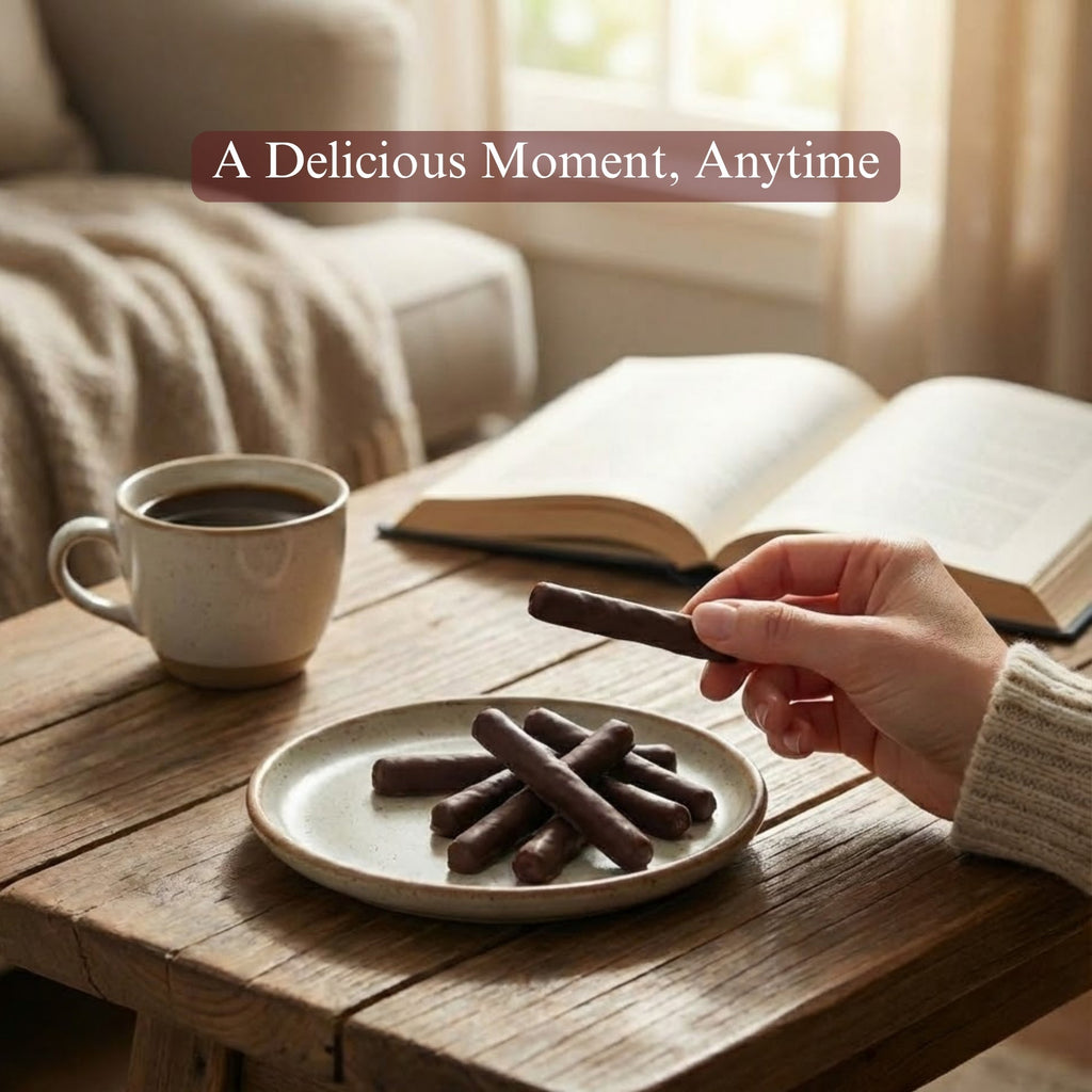 Person holding a chocolate bar next to a cup of coffee and an open book on a wooden table.