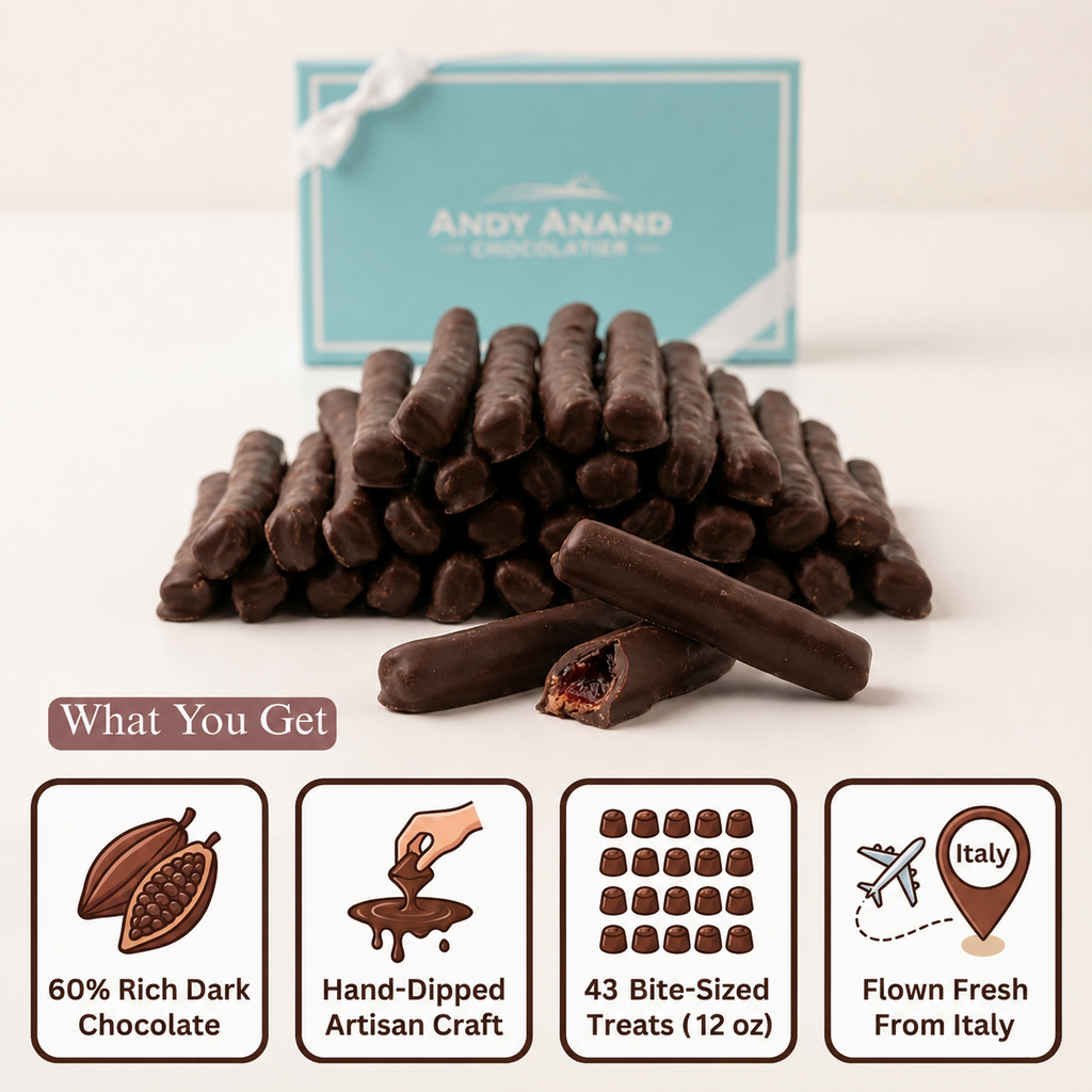 Chocolate treats with 'Andy Anand' branding and product details on a white background