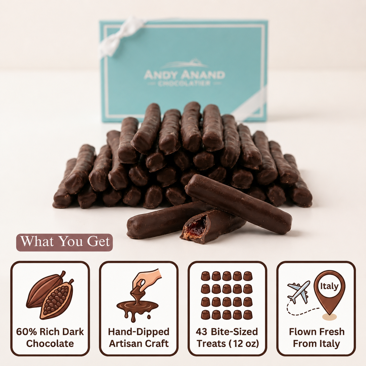 Chocolate treats with 'Andy Anand' branding and product details on a white background