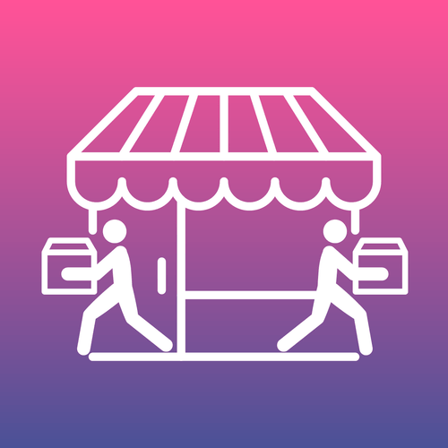 White icon of two people delivering packages under a store awning on a pink to purple gradient background.