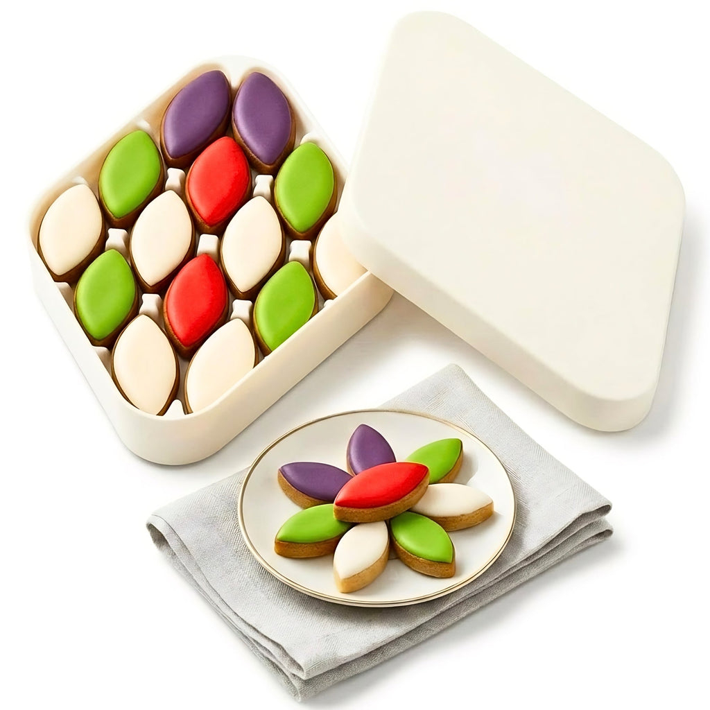 Colorful cookies in a decorative box on a white background