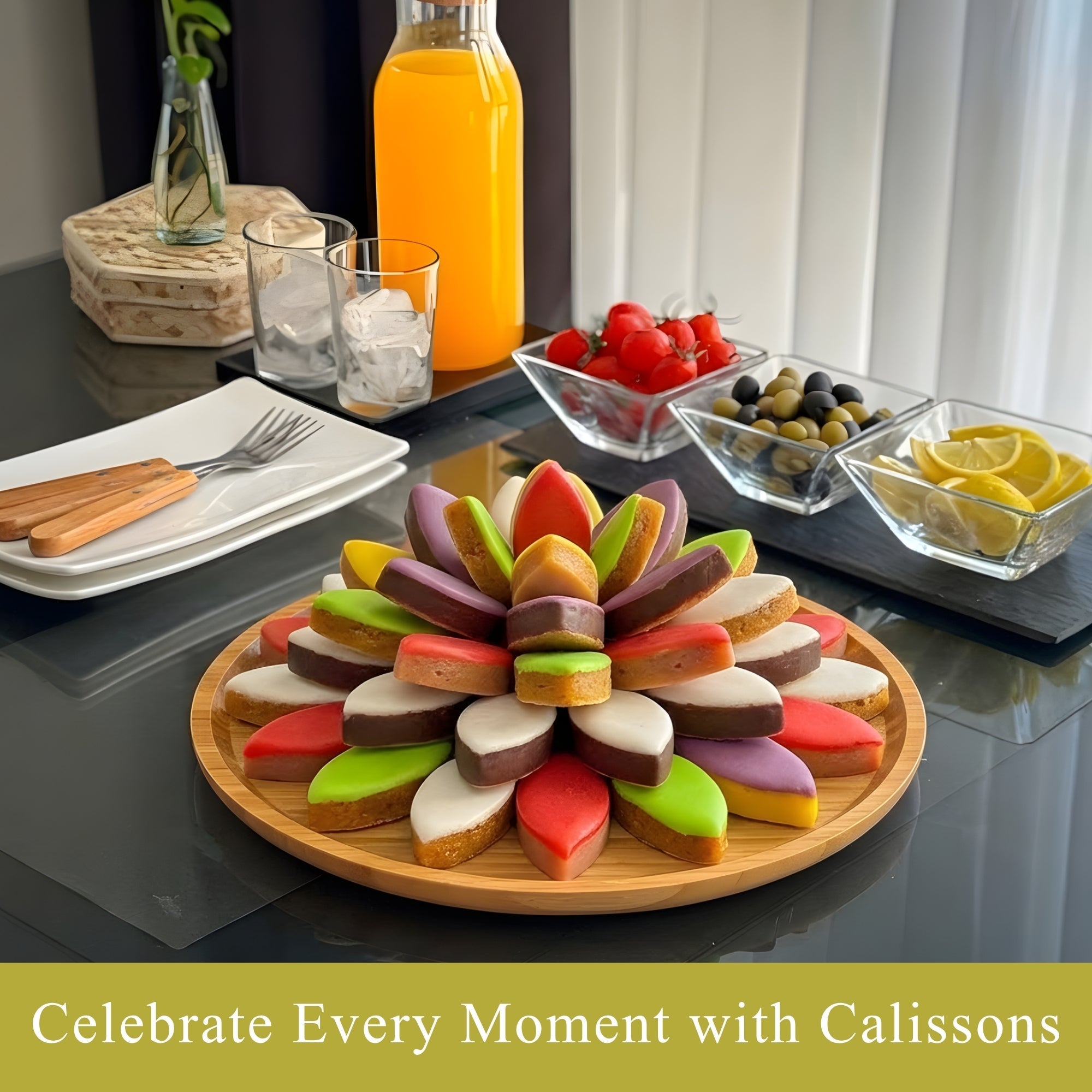 Colorful Calissons cookies on a wooden plate with a glass of orange juice and snacks in the background.