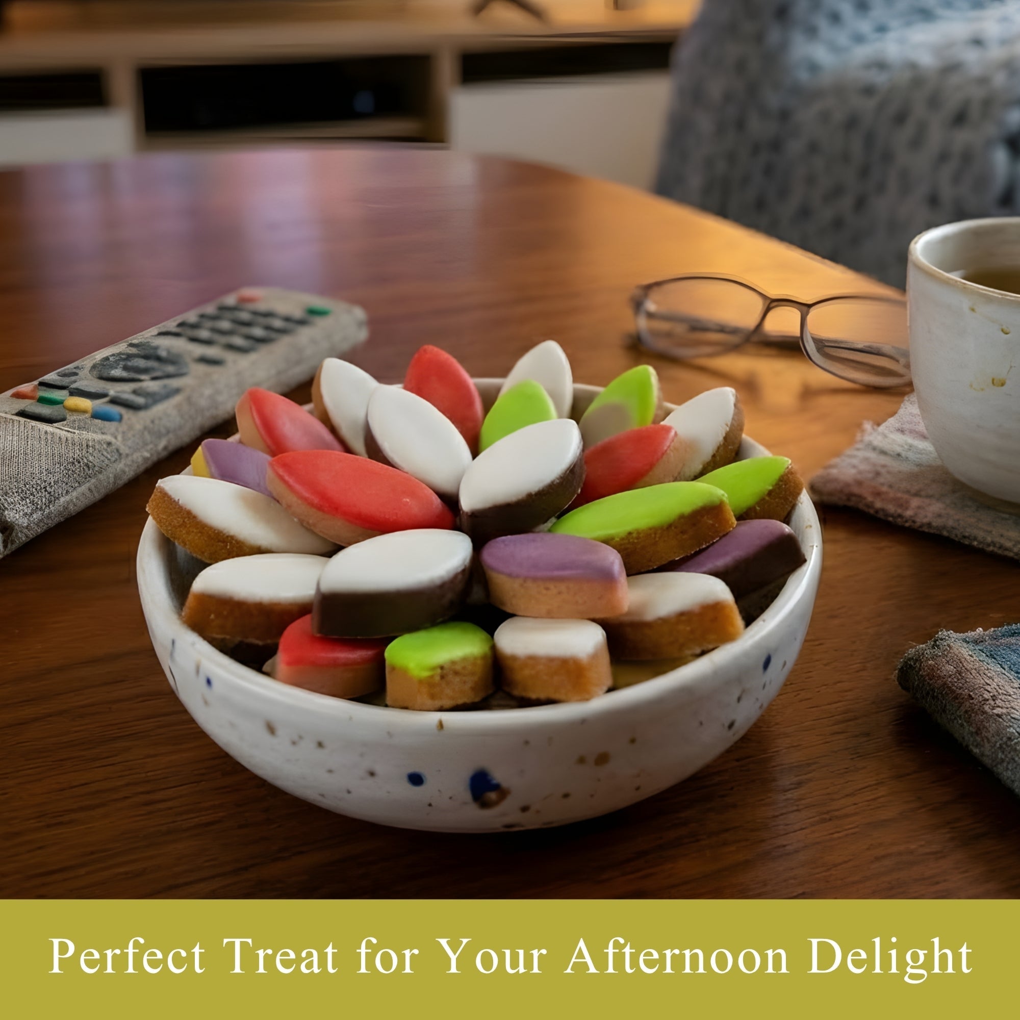 Colorful cookies in a bowl on a wooden table with a cup, remote control, and glasses in the background.