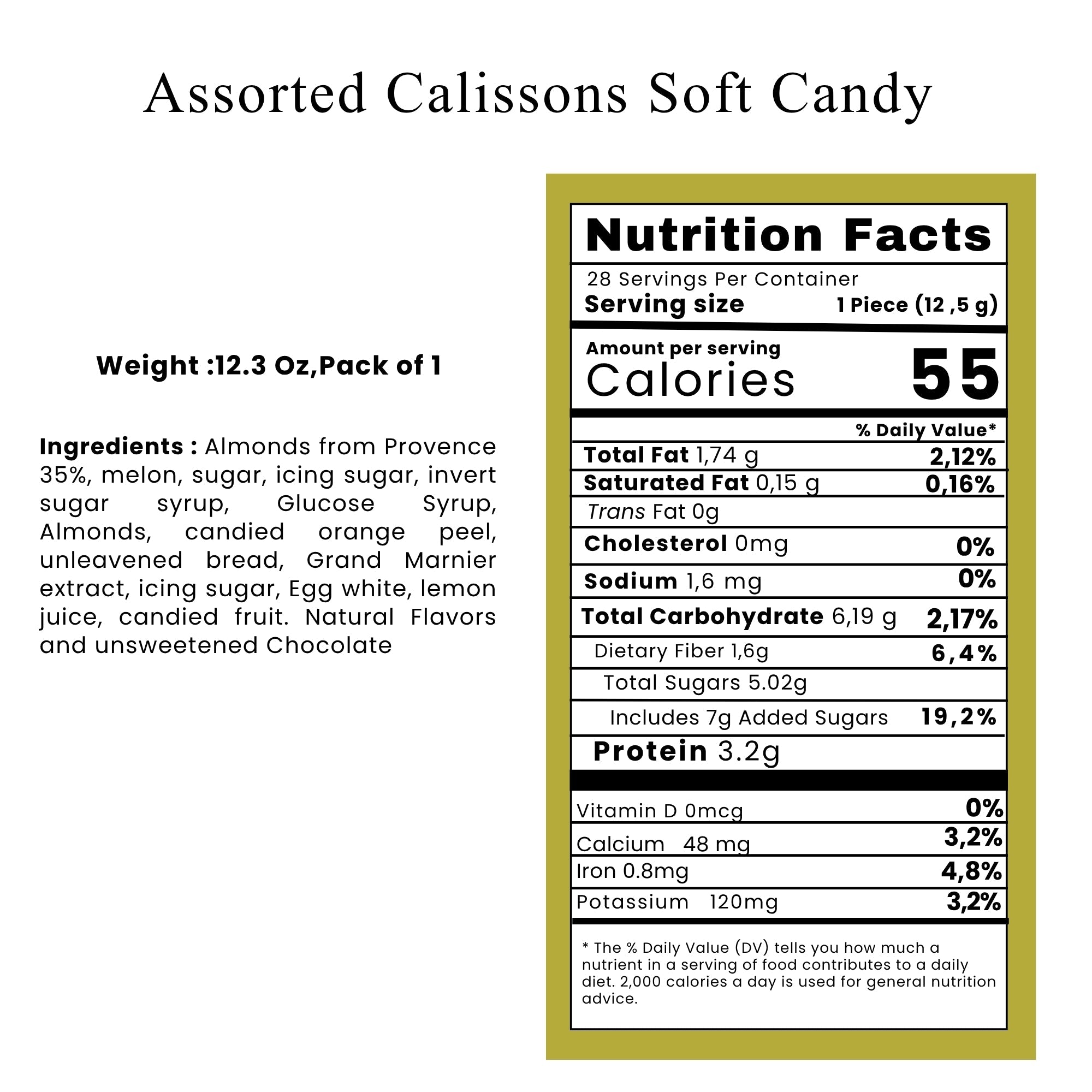 Nutrition facts label for Assorted Calissons Soft Candy on a white background