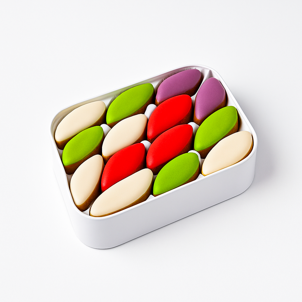 Colorful leaf-shaped cookies in a white container on a light gray background