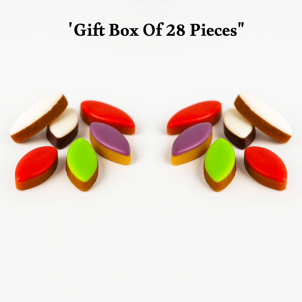 Colorful leaf-shaped candies on a white background with text 'Gift Box Of 28 Pieces'.