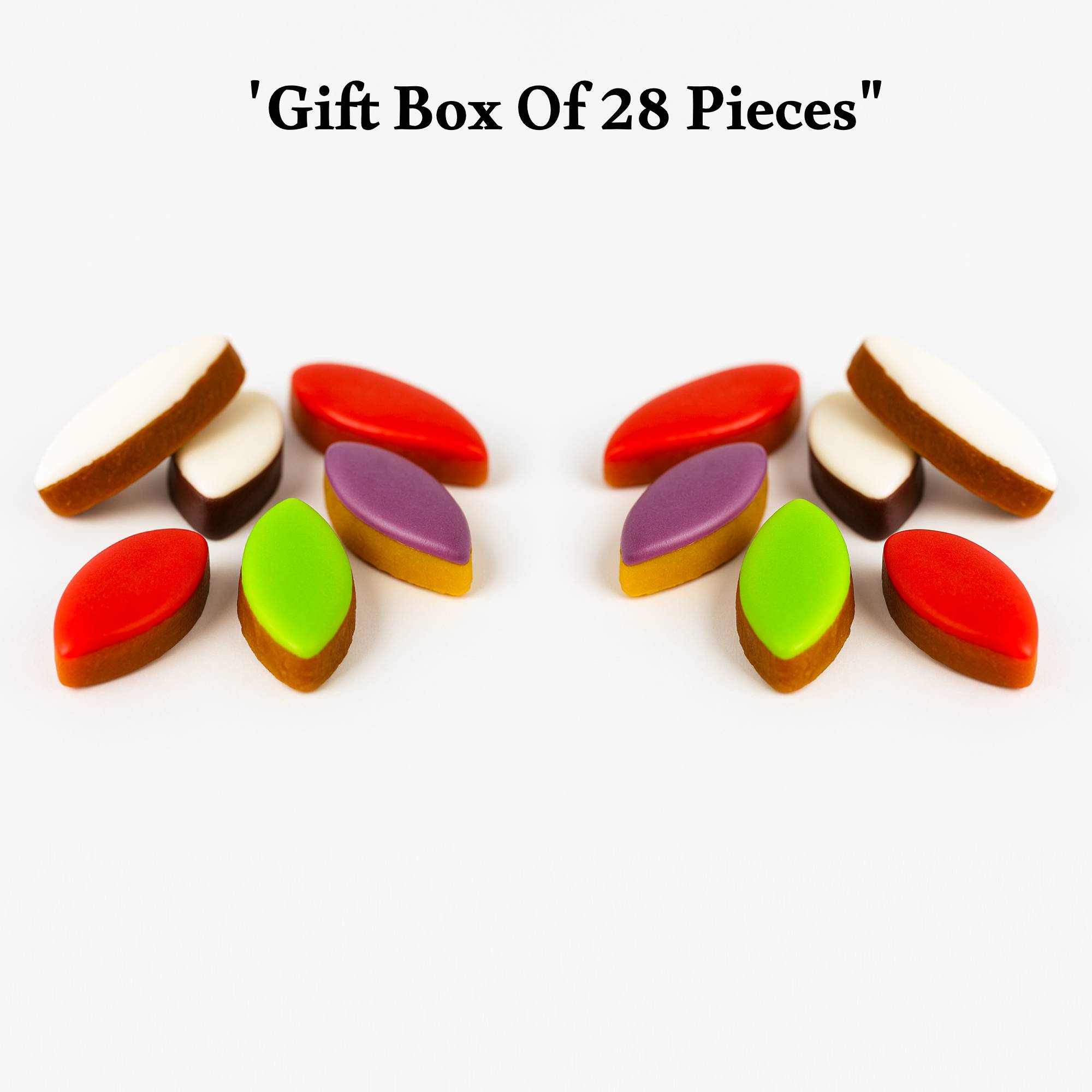 Colorful leaf-shaped candies on a white background with text 'Gift Box Of 28 Pieces'.