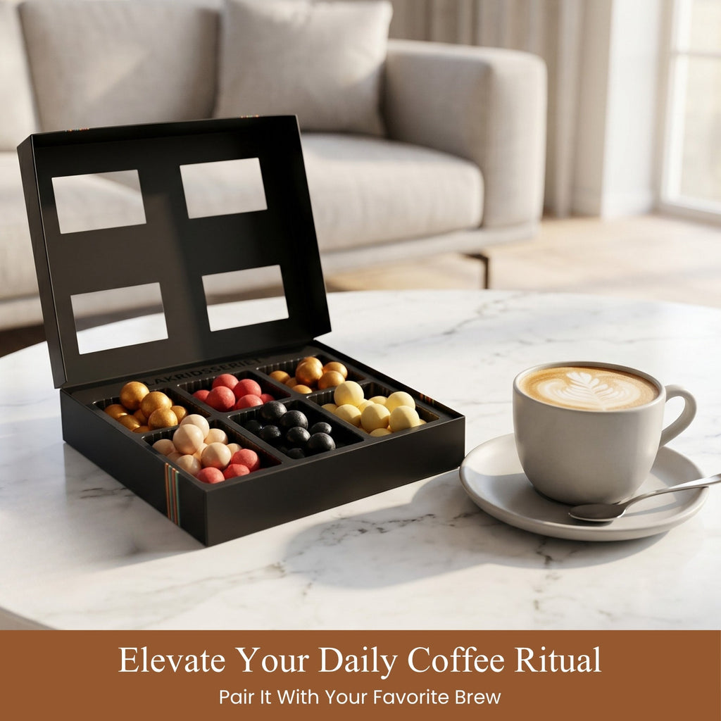 Box of chocolates next to a cup of coffee on a marble table with a blurred sofa in the background.