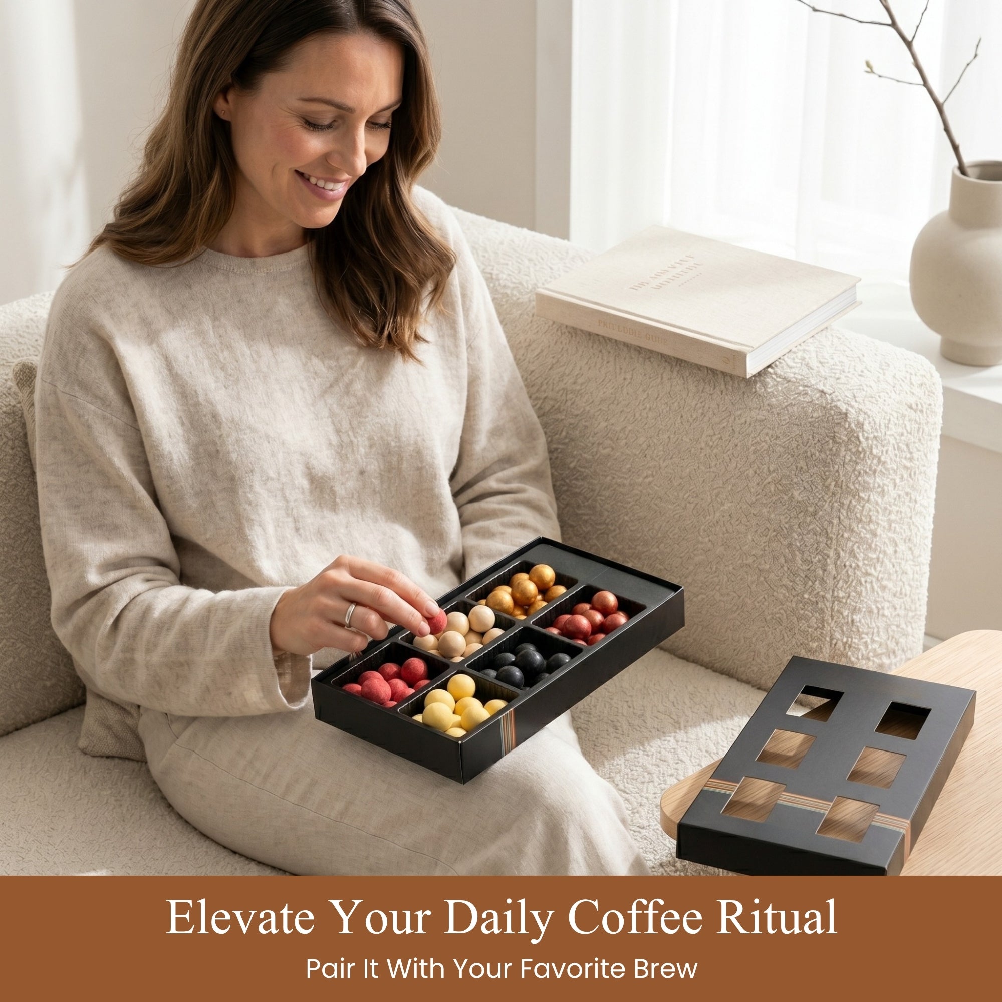 Woman sitting on a couch with a box of coffee beans, text 'Elevate Your Daily Coffee Ritual'.