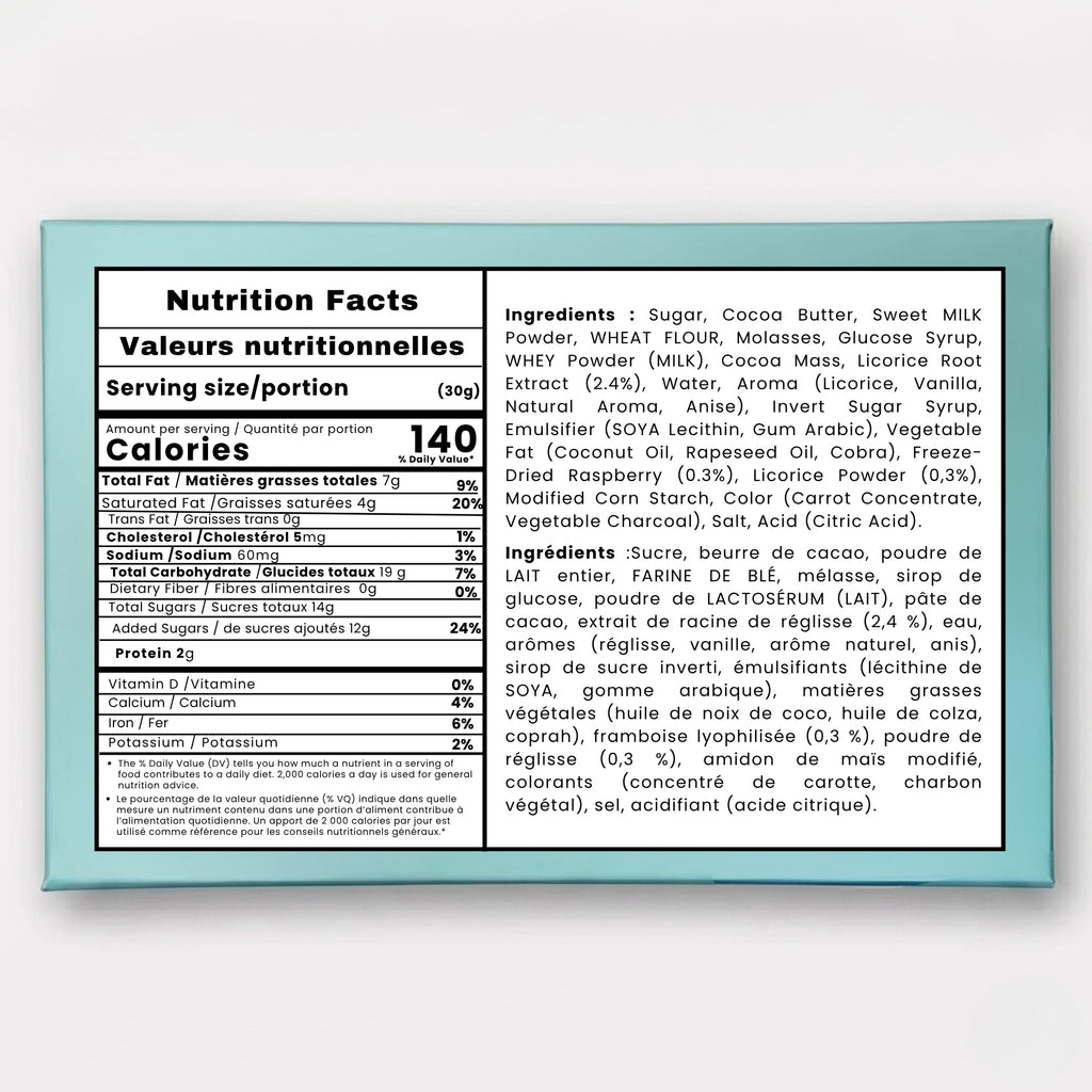 Nutrition facts label and ingredients list on a light blue background