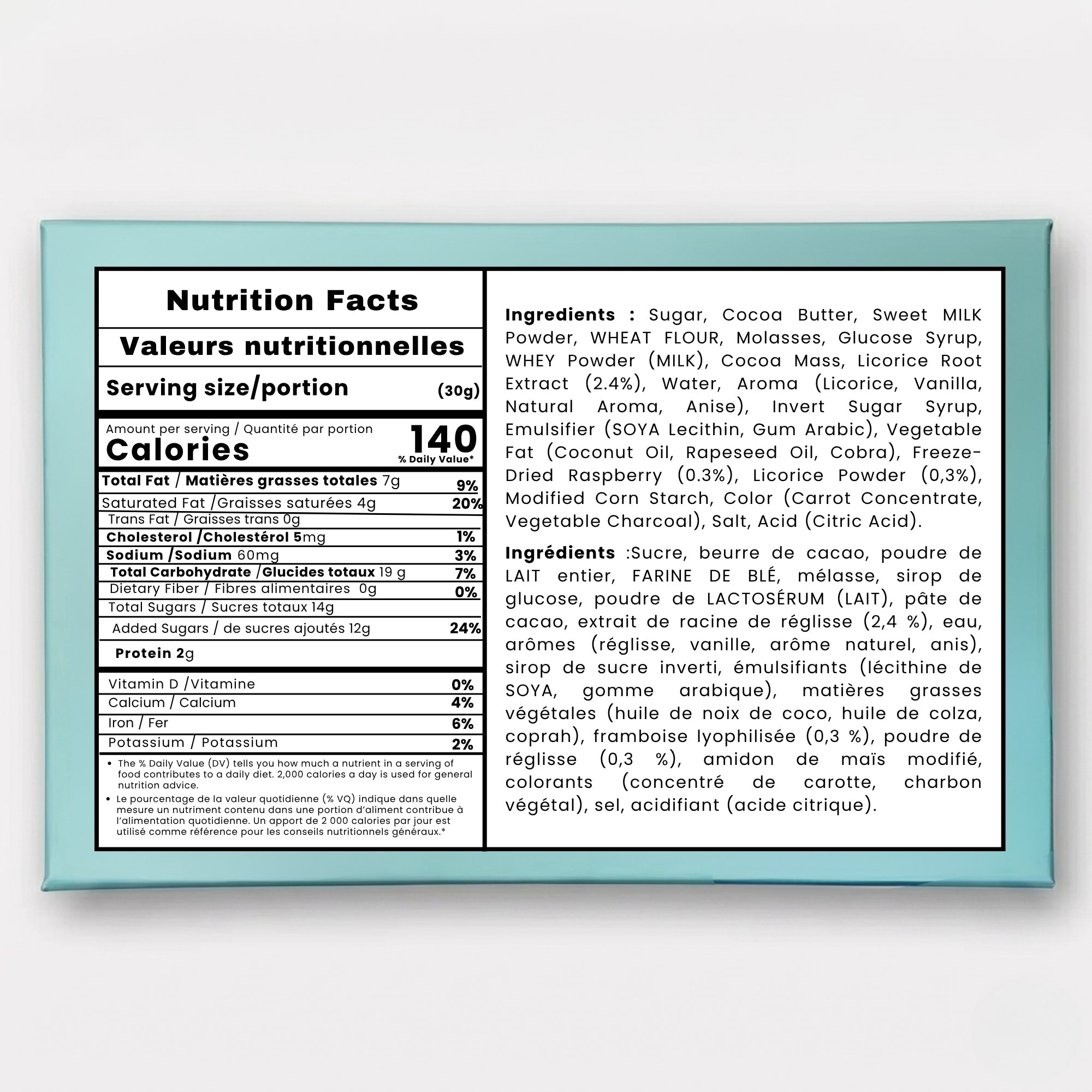Nutrition facts label and ingredients list on a light blue background