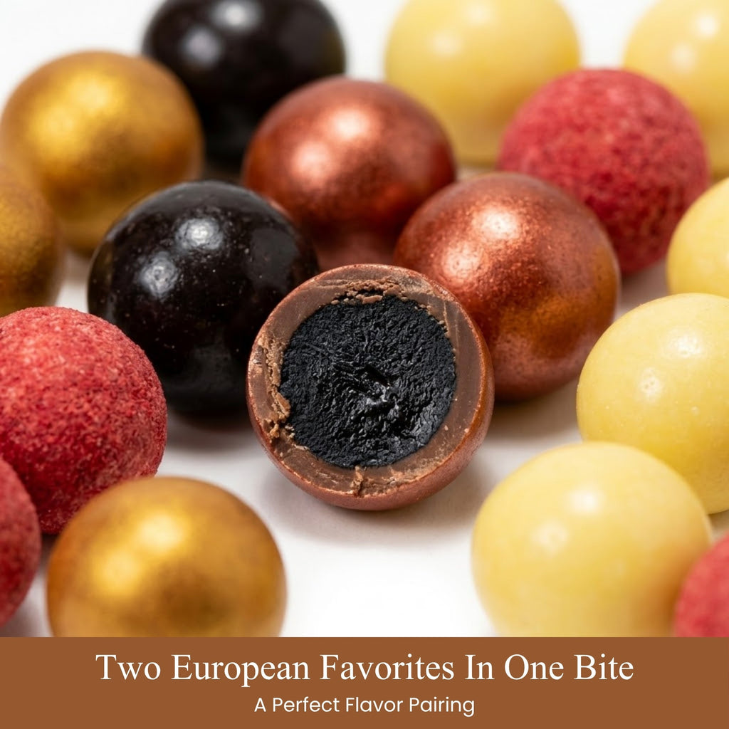 Assorted colorful chocolate truffles on a white background with text 'Two European Favorites In One Bite'.