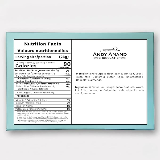 Nutrition facts label and ingredients list for Andy Anand Chocolatier on a white background