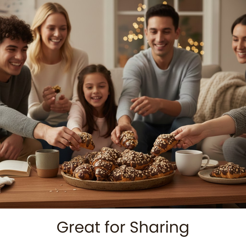 Family and friends gathered around a table with pastries, enjoying a shared moment.