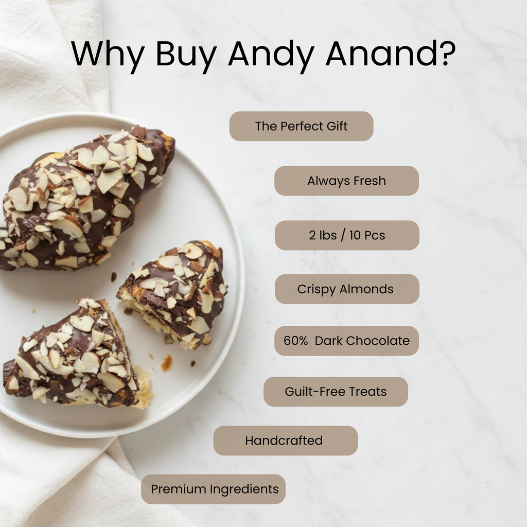 Chocolate-dipped treats with almonds on a plate, accompanied by text about Andy Anand products.