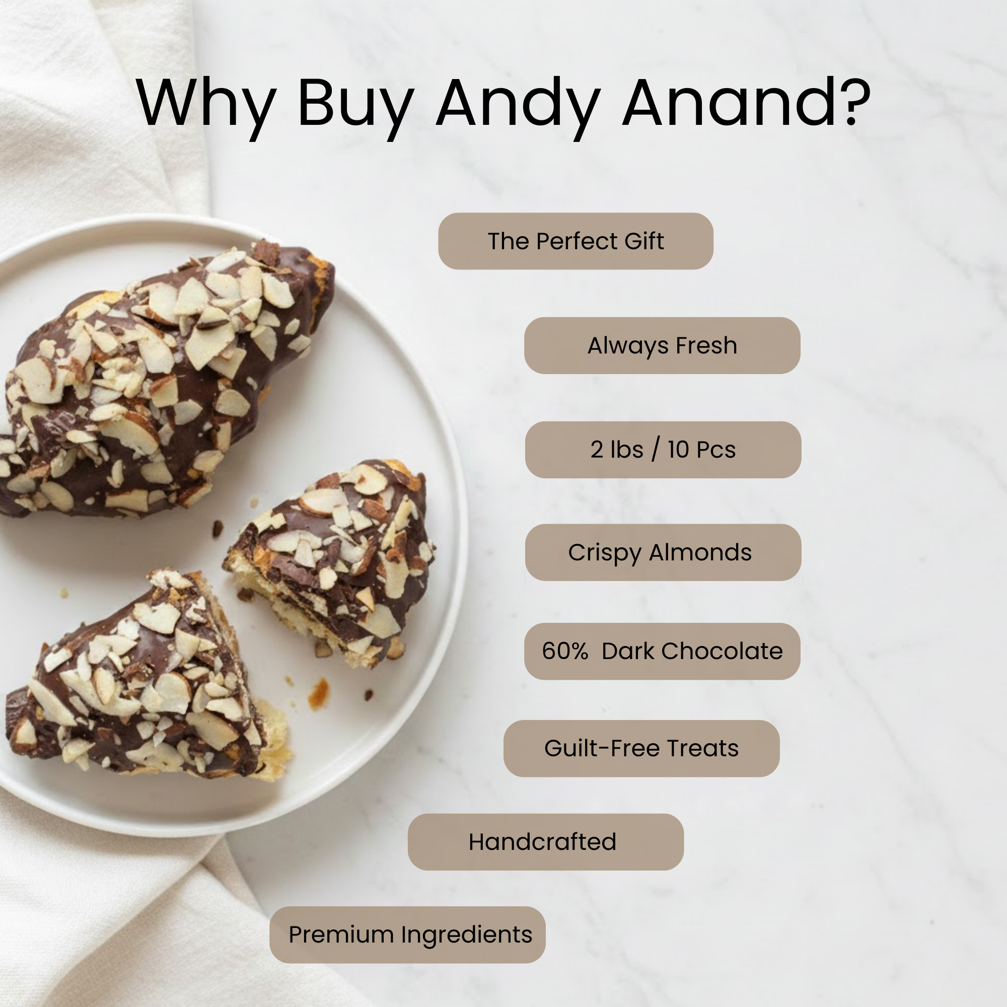 Chocolate-dipped treats with almonds on a plate, accompanied by text about Andy Anand products.