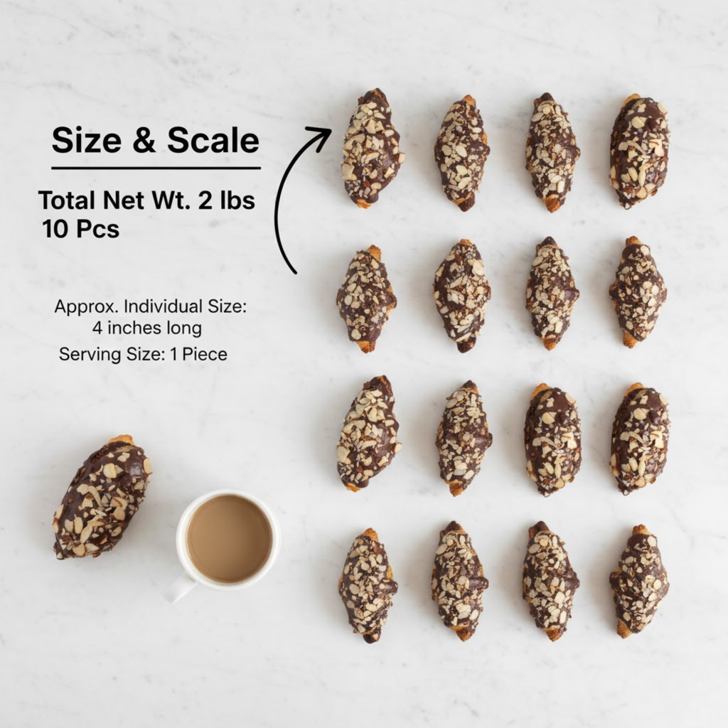 Chocolate-dipped treats arranged on a white surface with text indicating size and scale.