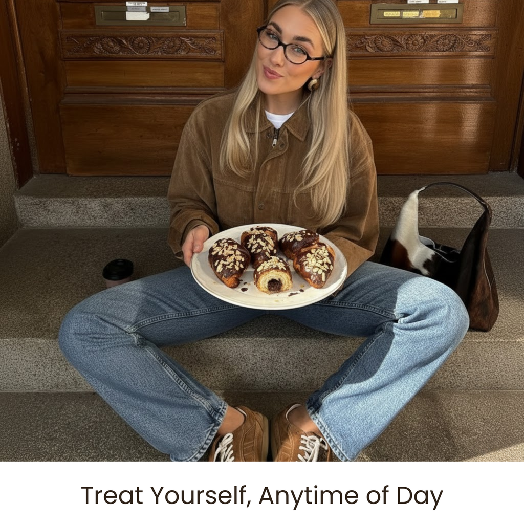 Person sitting on steps holding a plate of donuts with text 'Treat Yourself, Anytime of Day'.