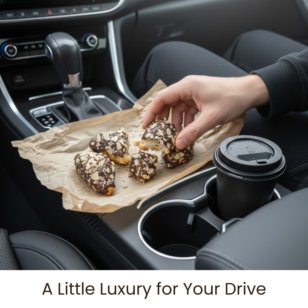 Hand holding a snack over a car cup holder with a coffee cup and more snacks on a piece of paper.