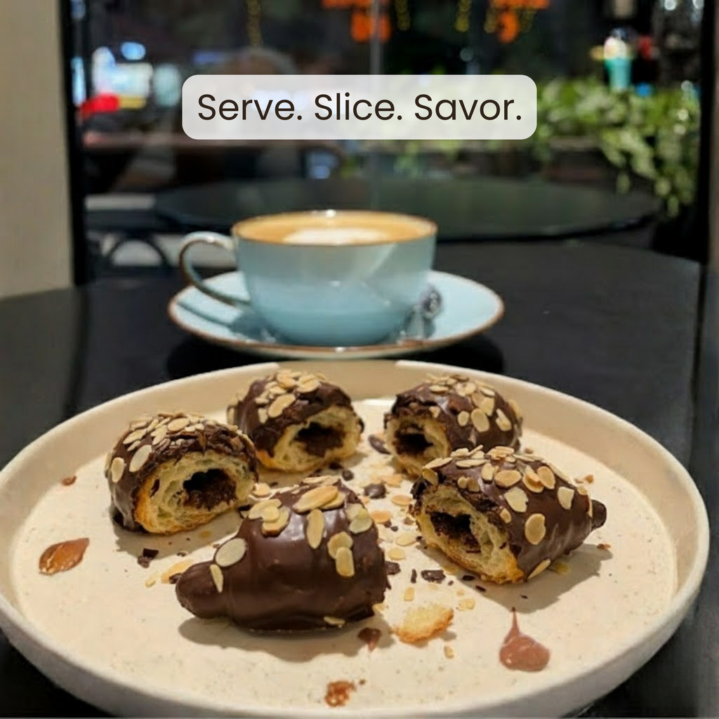 Chocolate-dipped pastries on a plate with a cup of coffee in the background, featuring the text 'Serve. Slice. Savor.'