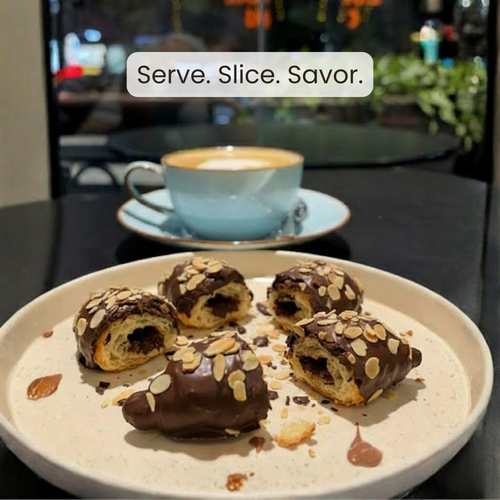 Chocolate-dipped pastries on a plate with a cup of coffee in the background, featuring the text 'Serve. Slice. Savor.'