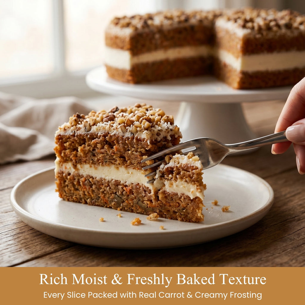 Slice of carrot cake with cream cheese frosting on a plate, with a whole cake in the background.