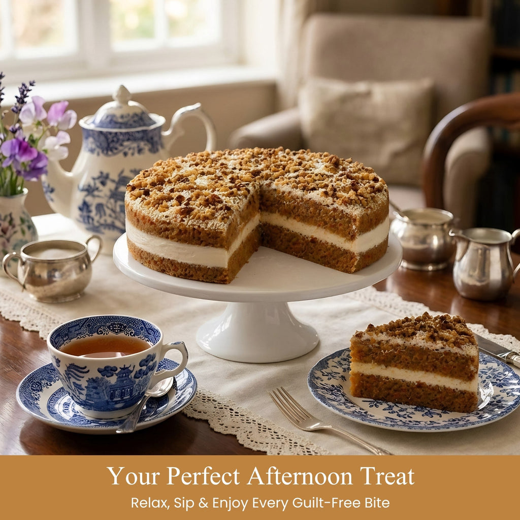 Layered cake with a slice taken out, served with tea on a table.