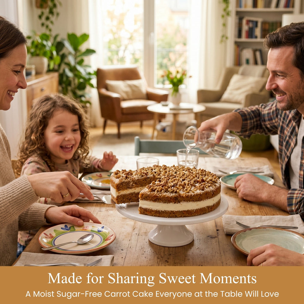 Family gathered around a table with a cake, smiling and enjoying each other's company.