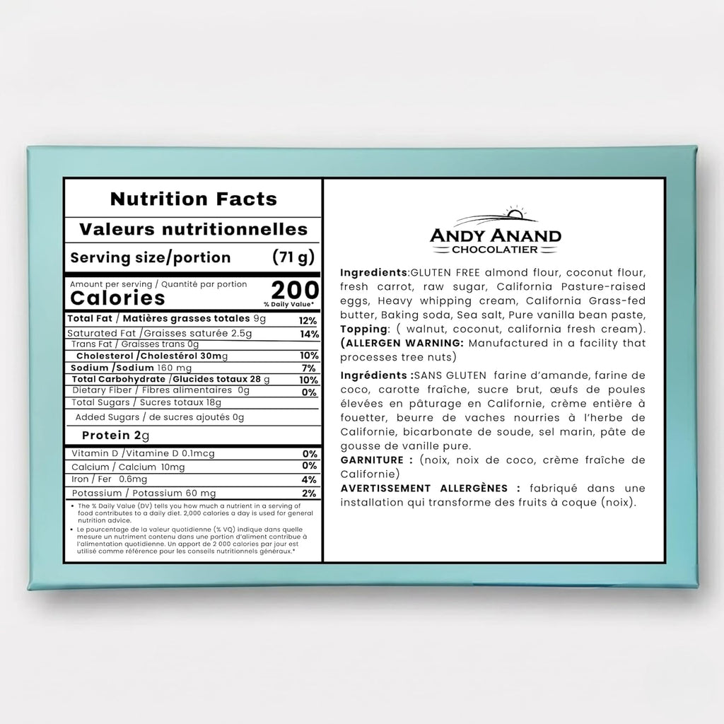 Nutrition facts label and ingredients list for Andy Anand Chocolatier on a light blue background