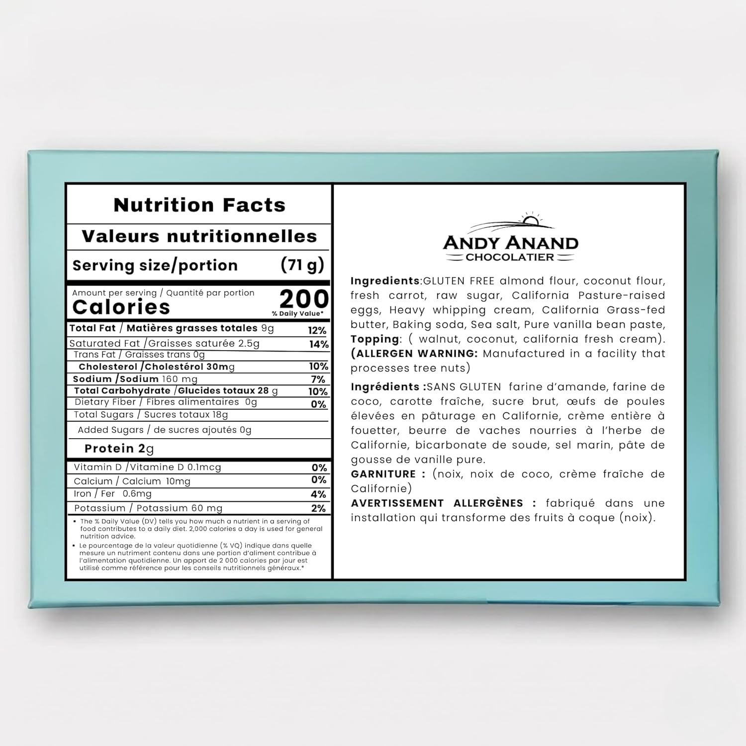 Nutrition facts label and ingredients list for Andy Anand Chocolatier on a light blue background