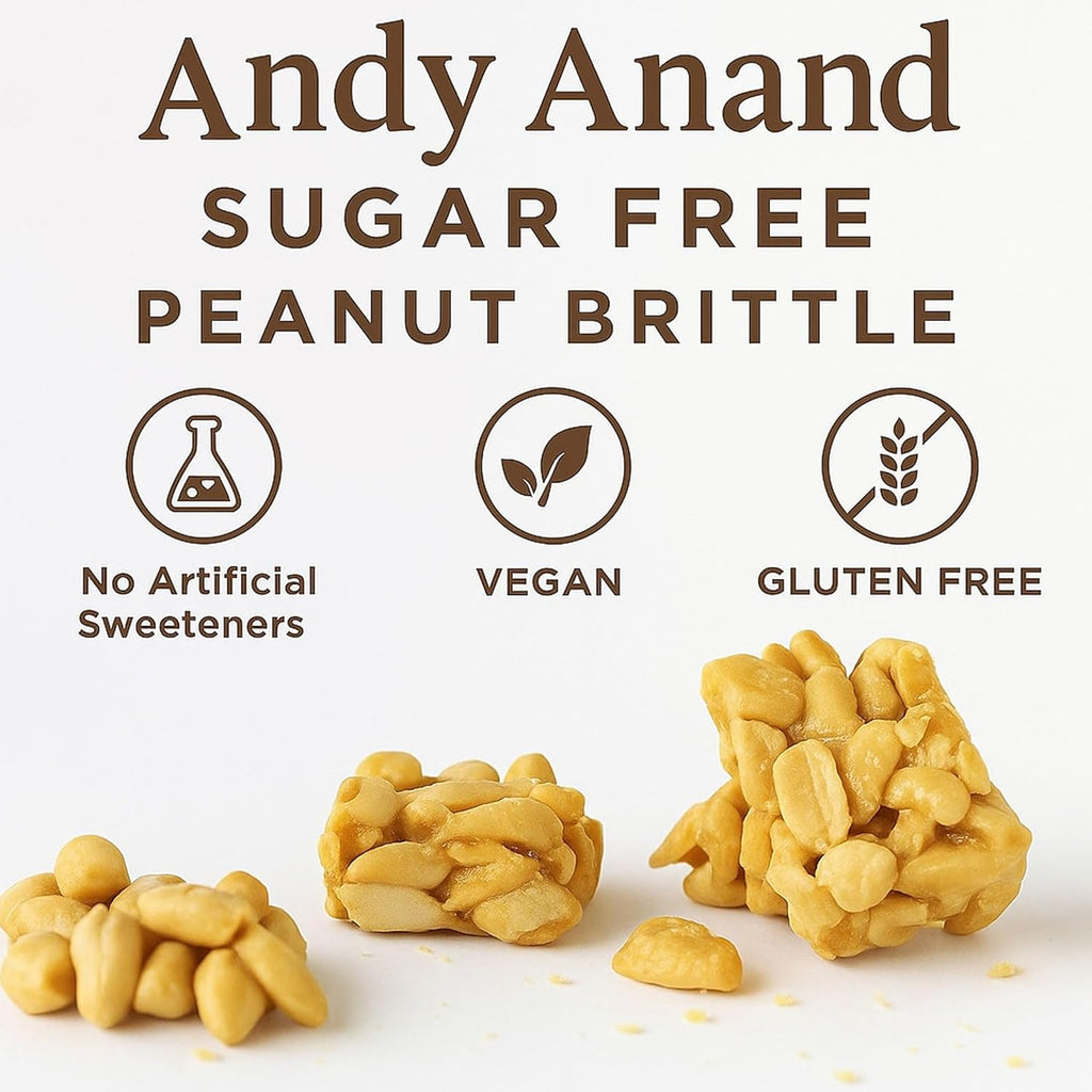 Andy Anand sugar-free peanut brittle with icons indicating no artificial sweeteners, vegan, and gluten-free on a white background.
