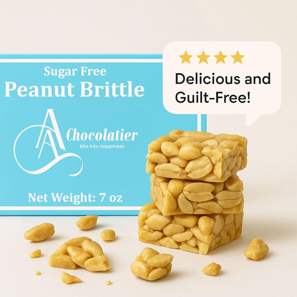 Sugar Free Peanut Brittle with A Chocolatier branding and a five-star rating on a light background