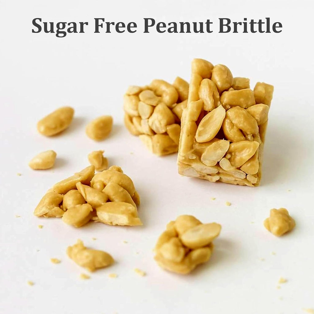 Sugar free peanut brittle on a white background with text.