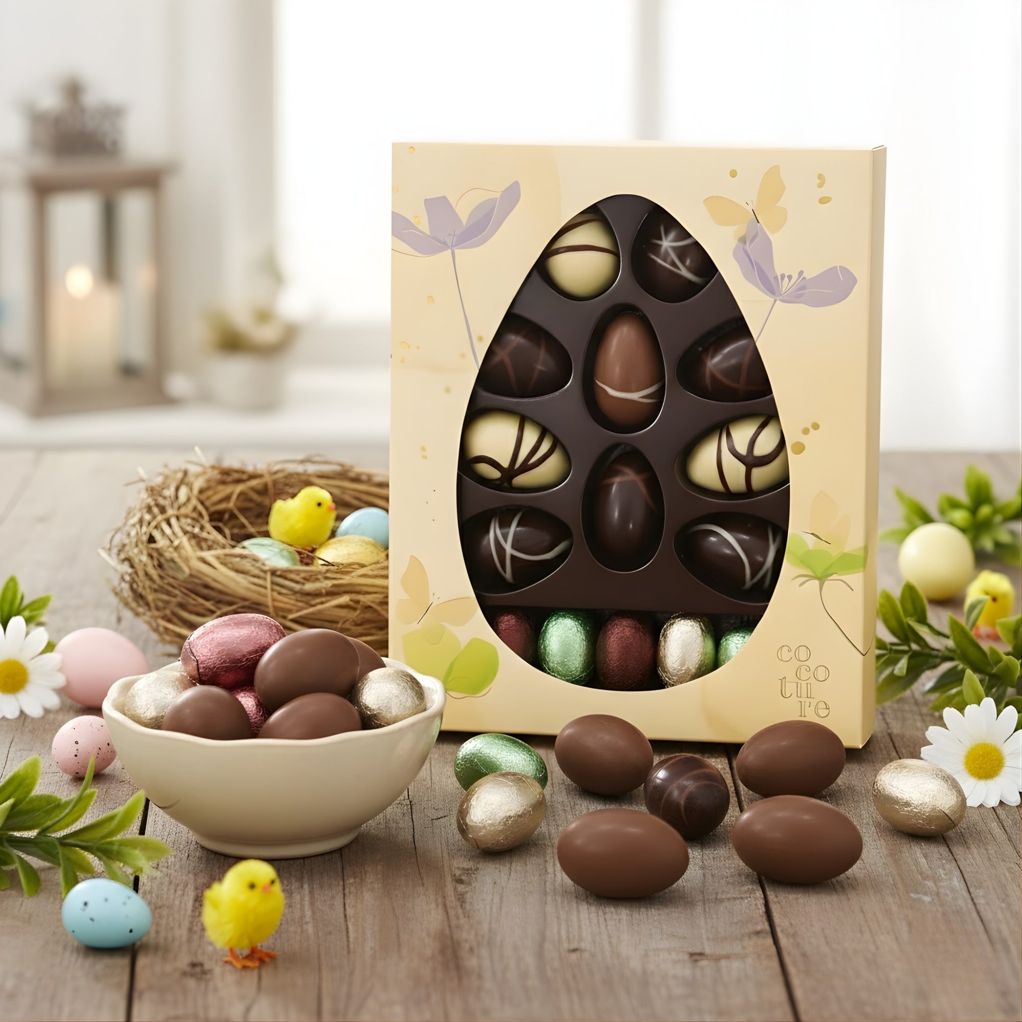 Easter-themed chocolate eggs in a decorative box with a bowl of eggs and small chicks on a wooden surface.