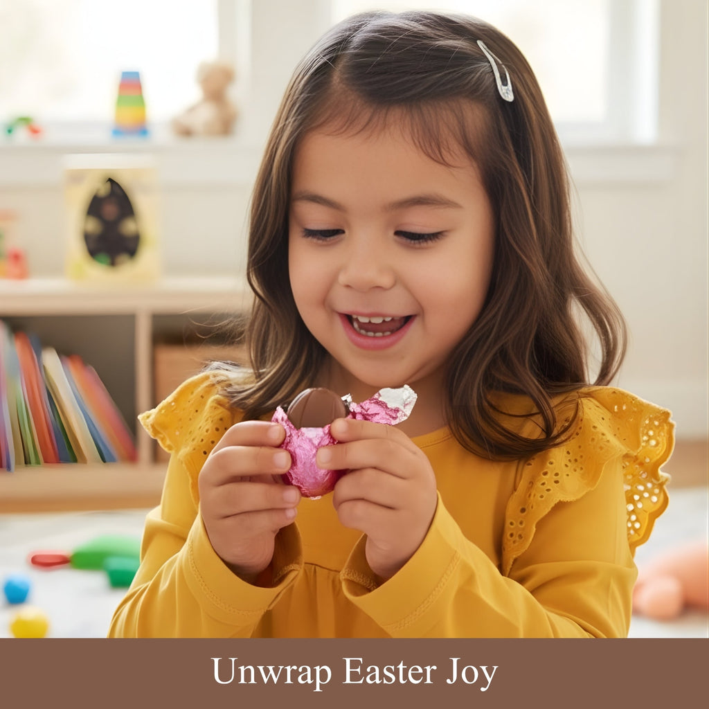 Child in a yellow shirt unwrapping an Easter egg in a classroom setting