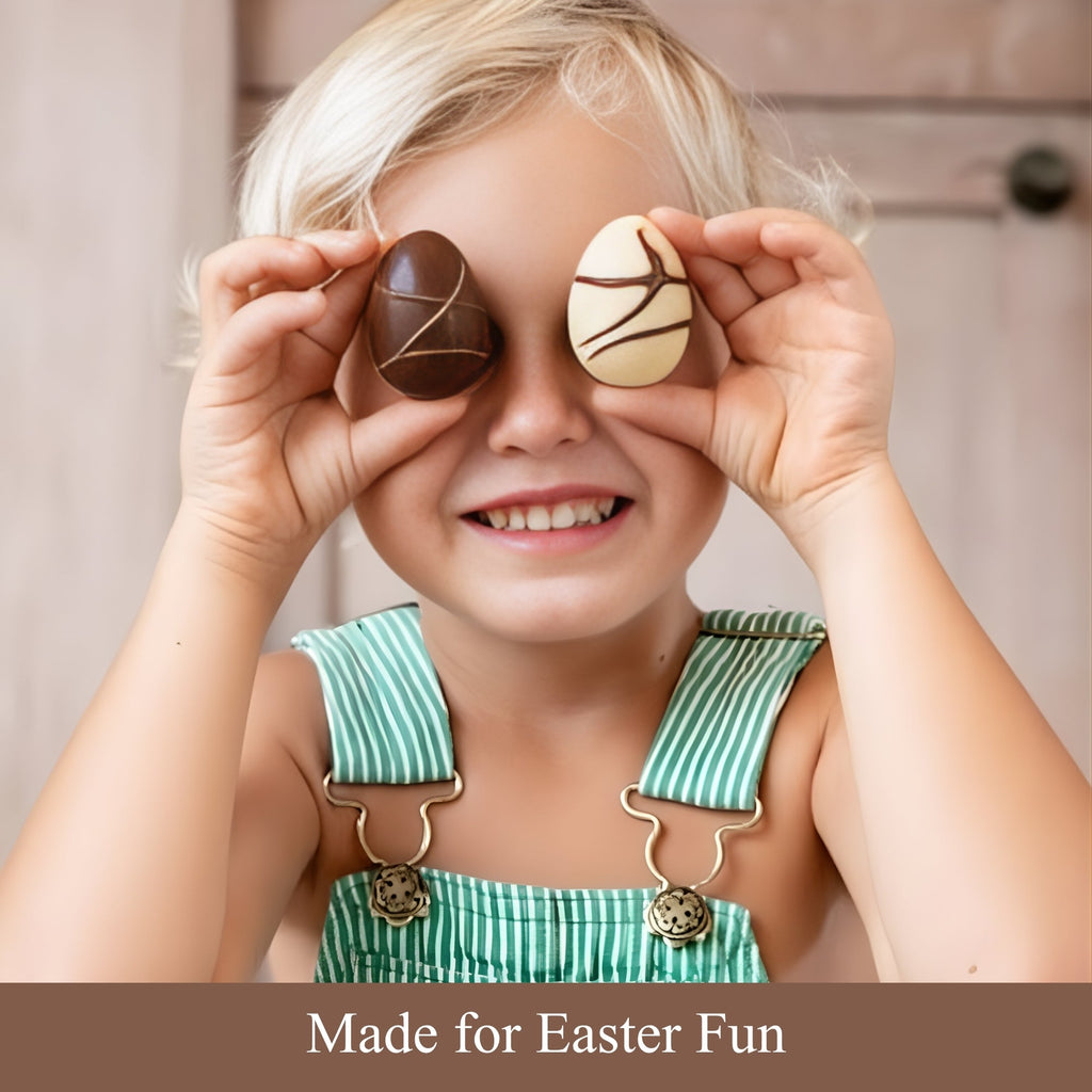 Child holding chocolate eggs over eyes with text 'Made for Easter Fun'