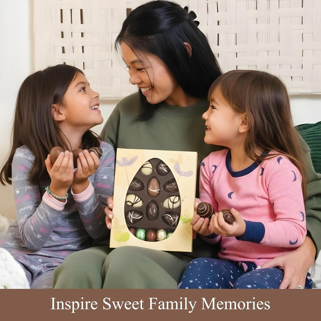 Woman and two children with a box of chocolates, sitting together.