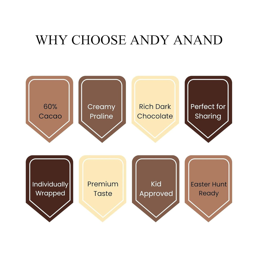 Promotional graphic for Andy Anand chocolate products with color swatches and text.