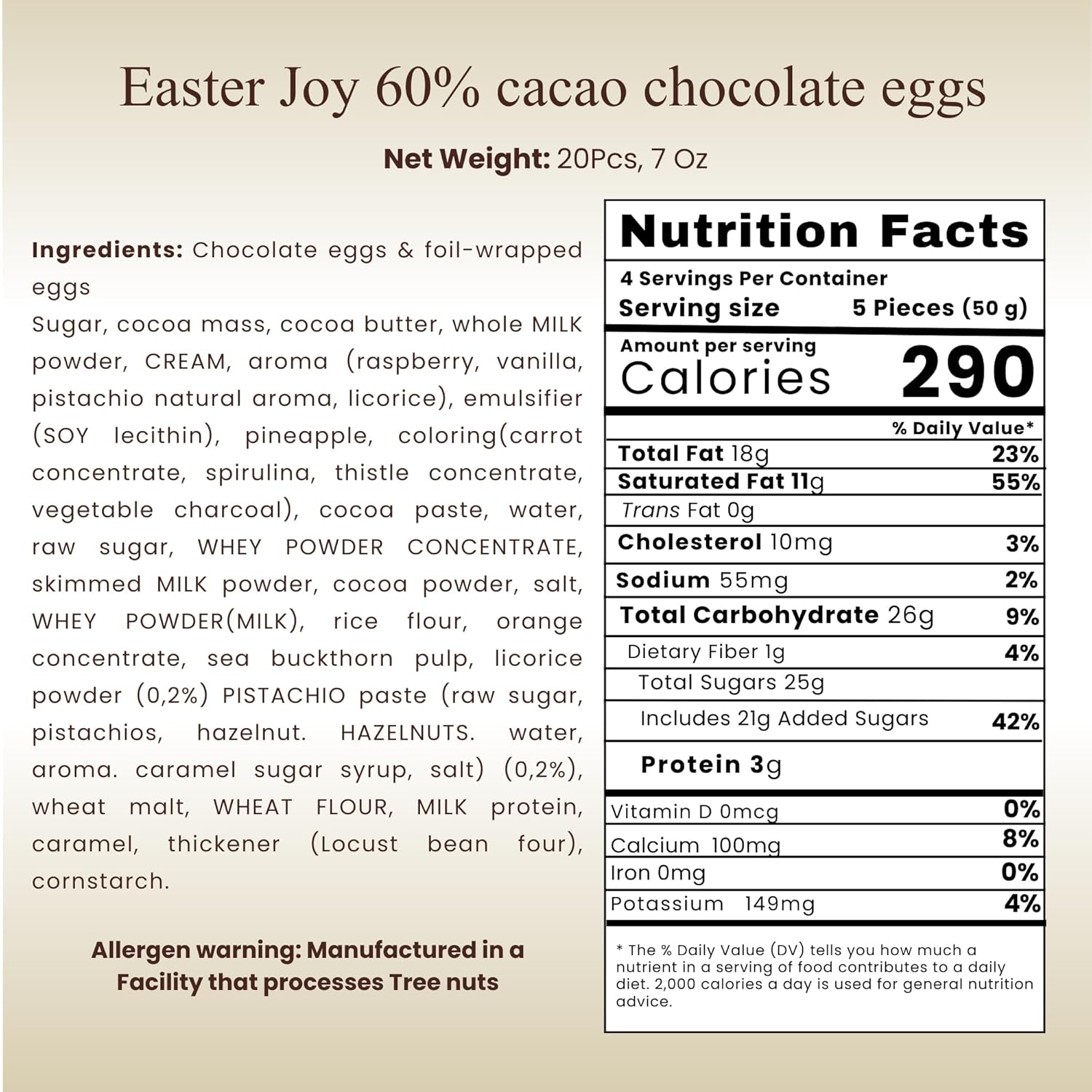 Nutrition facts label for Easter Joy 60% cacao chocolate eggs on a beige background