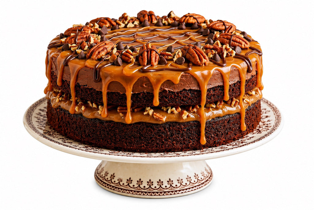 Chocolate cake with caramel sauce and pecans on a decorative cake stand.