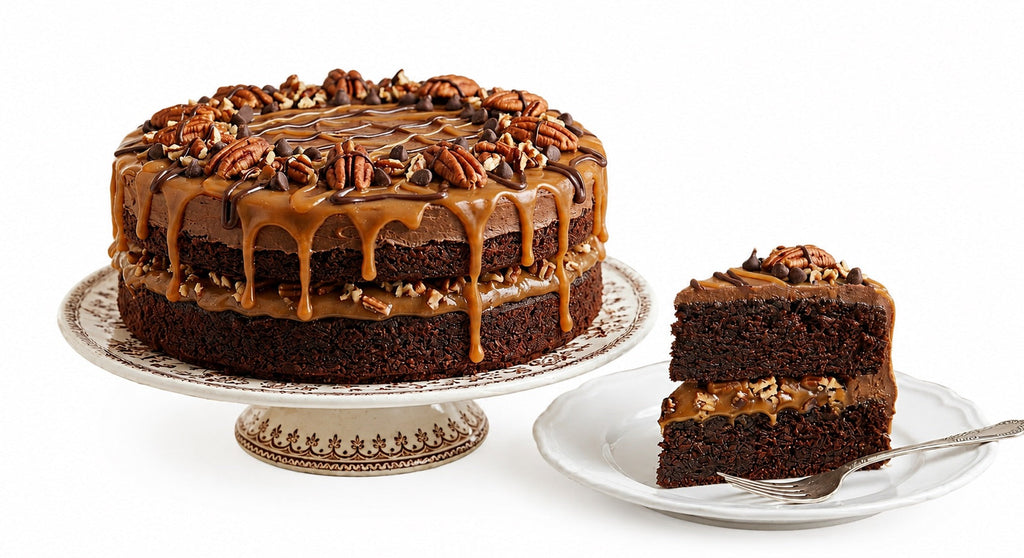 Chocolate cake with caramel drizzle and pecans on a white background
