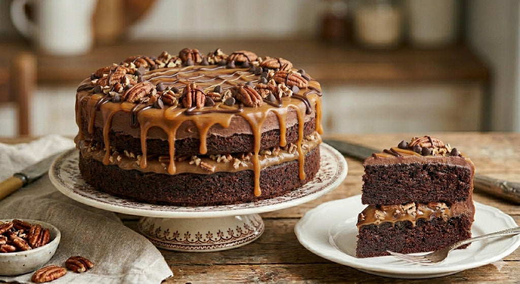 Chocolate cake with caramel sauce and pecans on a wooden table