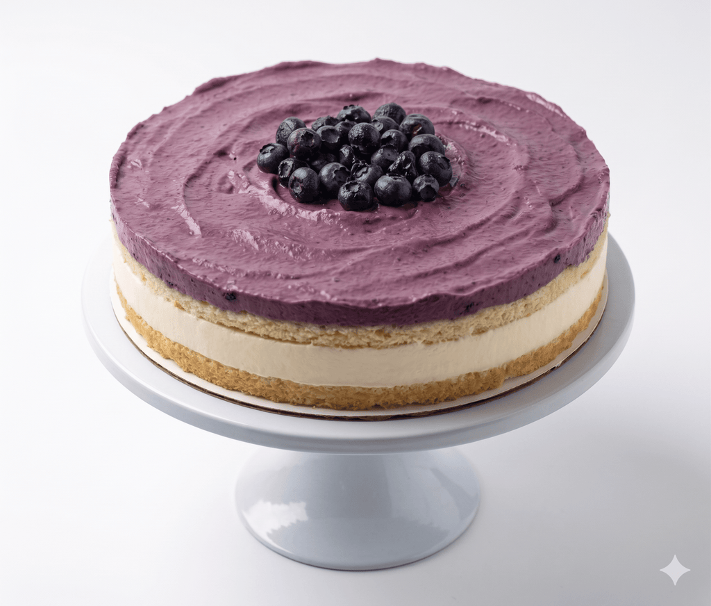 Cheesecake with purple frosting and blueberries on a white stand