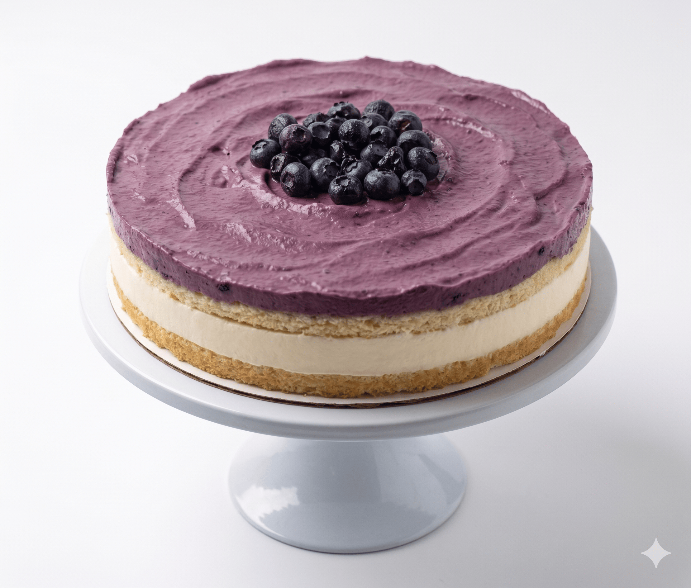Cheesecake with purple frosting and blueberries on a white stand