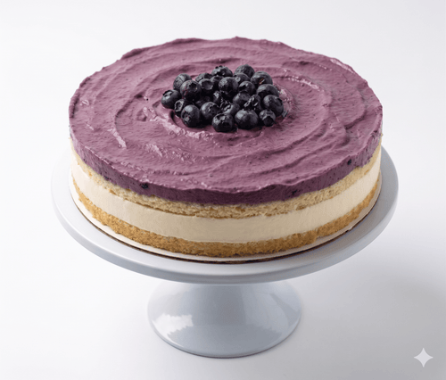 Cheesecake with purple frosting and blueberries on a white stand