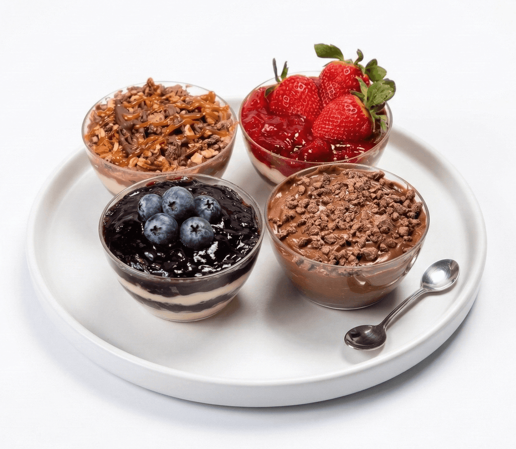 Four dessert bowls with different toppings on a white plate with a spoon.