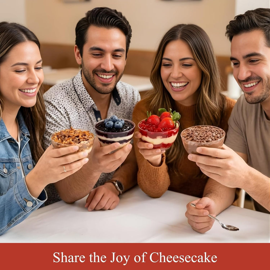 Four friends enjoying cheesecake at a table with a promotional message below.