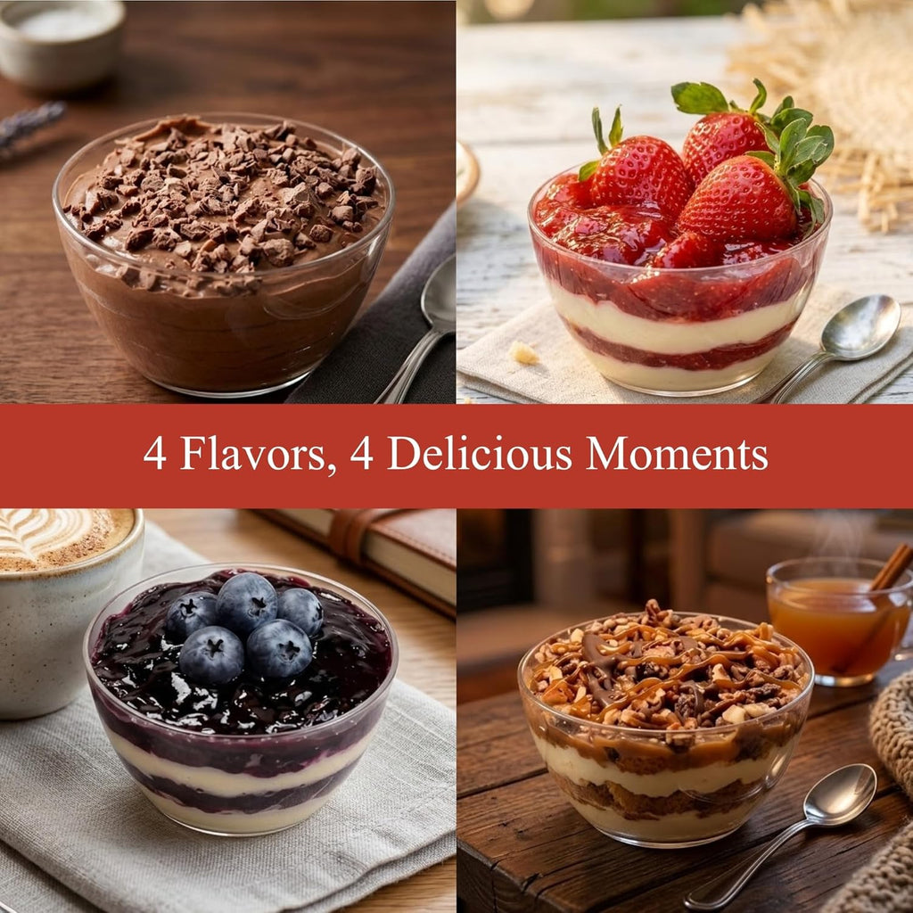 Collage of four dessert images with a red banner displaying '4 Flavors, 4 Delicious Moments'.