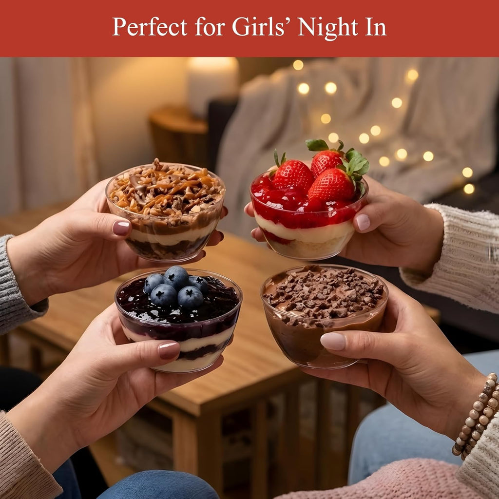 Four hands holding dessert cups with a cozy indoor background and text 'Perfect for Girls' Night In'.