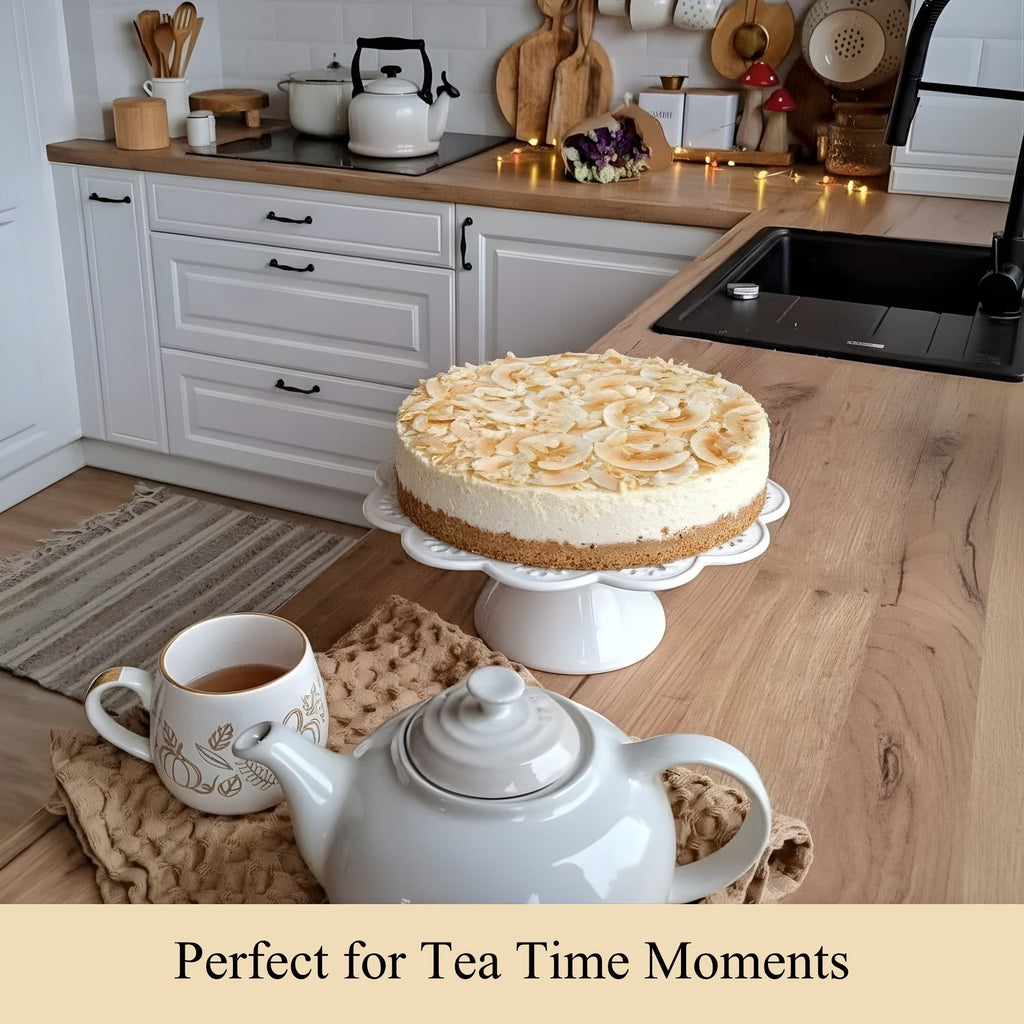 Kitchen scene with a cake on a stand, teapot, and cup, with text 'Perfect for Tea Time Moments'.